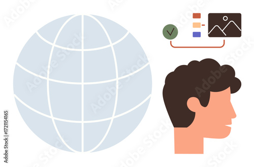 Profile of a human head near a globe and task icons, symbolizing global connection, organization, and communication. Ideal for teamwork, planning, technology, data, globalization and creativity