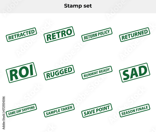 Green Grunge Rubber Stamps Set with Text Labels on White Background Isolated