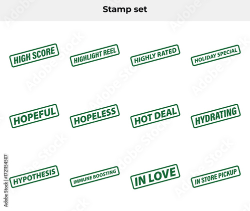 Green Ink Rubber Stamp Set on White Backdrop Featuring Various Common Phrases