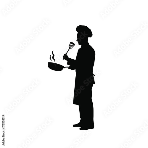 Silhouette chef cooking in frying pan with spatula and steam restaurant kitchen food preparation silhouette