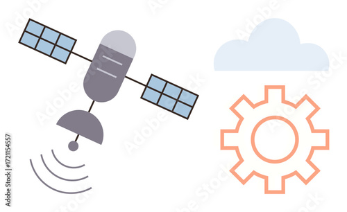 Satellite emitting signals, floating cloud, and gear symbolizing technology, innovation, connectivity, communication, automation, data processing and system integration. Ideal for digital economy