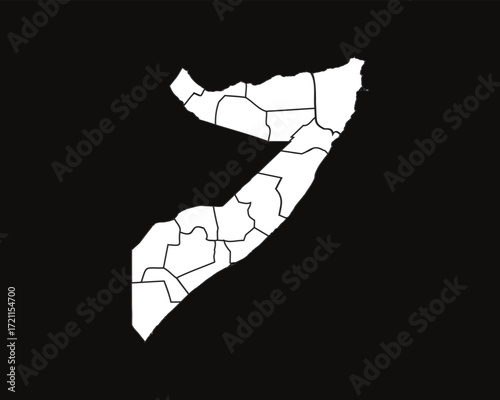 Somalia map regions white outline black background 