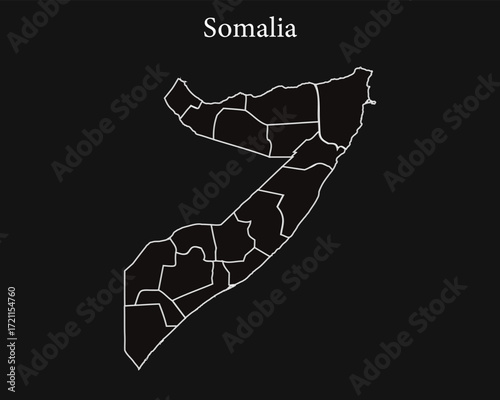 Somalia map regions white lines dark background Vector 
