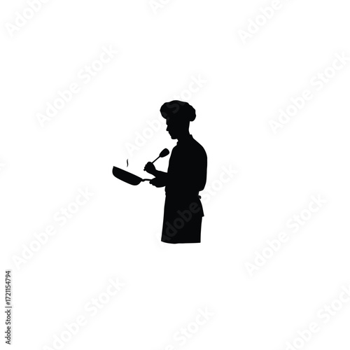 Chef silhouette holding a pan and speaking into a microphone presenting food silhouette