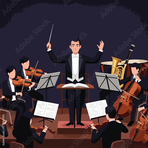 Orchestra performs, conductor leading, violins, cellos, tuba on dark stage