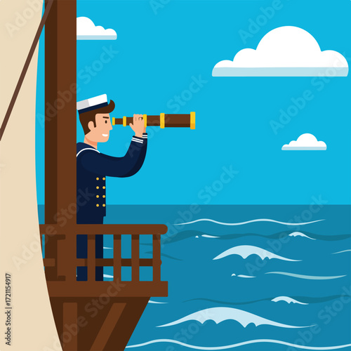 Sailor on ship deck looks through spyglass, with sea and sky in background