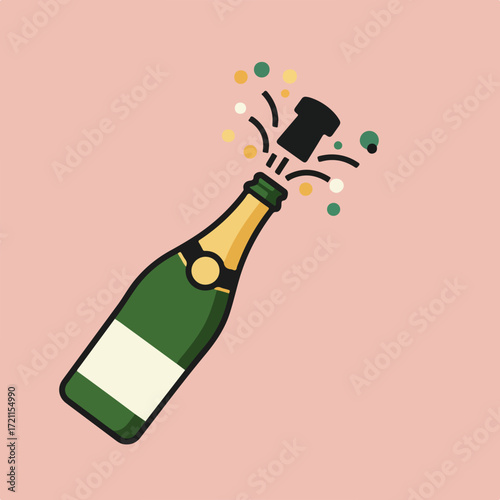Popping champagne bottle with cork and confetti
