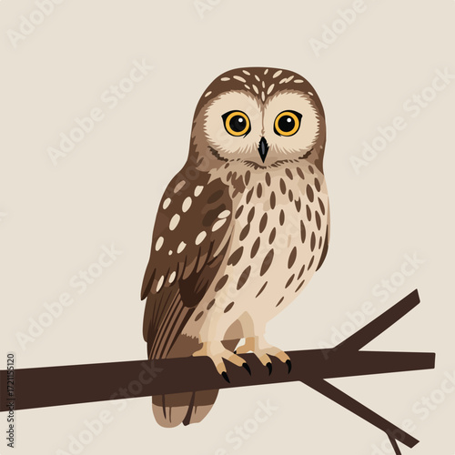 Illustration of an owl perched on a brown branch against a cream background
