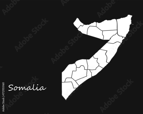 Somalia map regions white outline black background Vector
