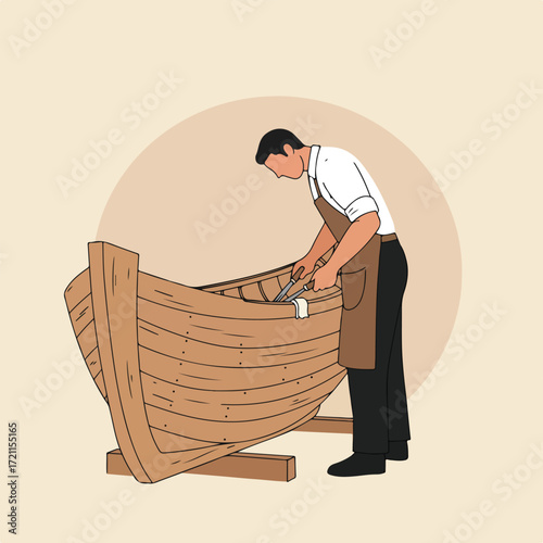 Man repairs wooden boat