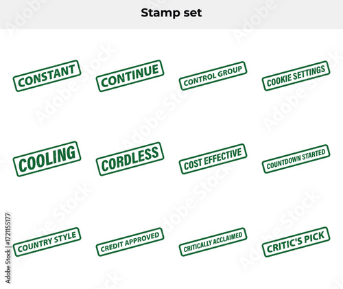 Green Stamp Set with Constant Continue Control Group Cookie Settings Isolated