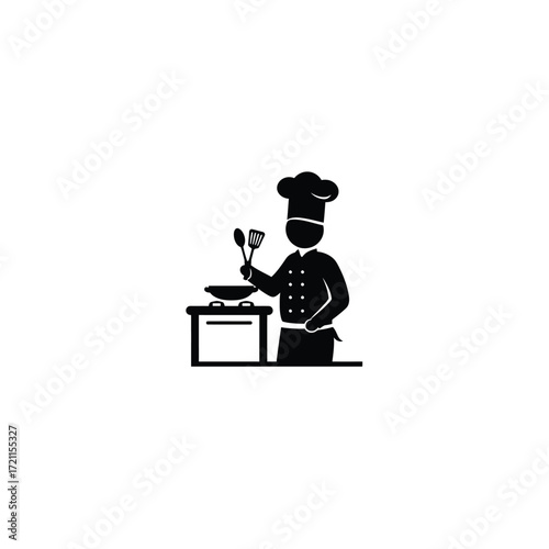Chef cooking food in kitchen silhouette standing at counter with utensils prepared for culinary creation silhouette