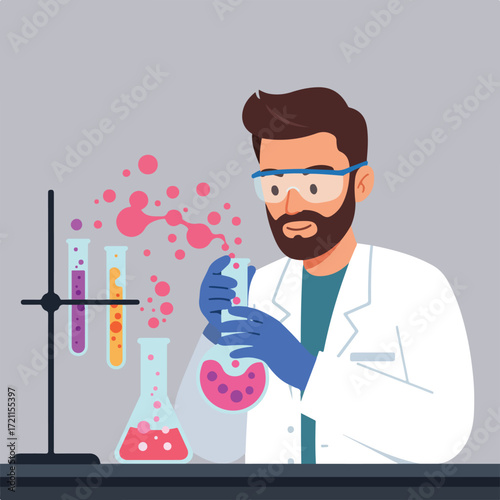 Scientist holds flask with colorful chemicals, other tubes bubbling beside him