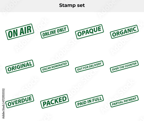 Set of Green Rubber Stamps with Various Messages on a White Background
