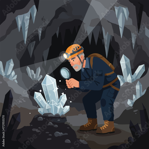 Cartoon man examines crystals in cave with headlamp and magnifying glass