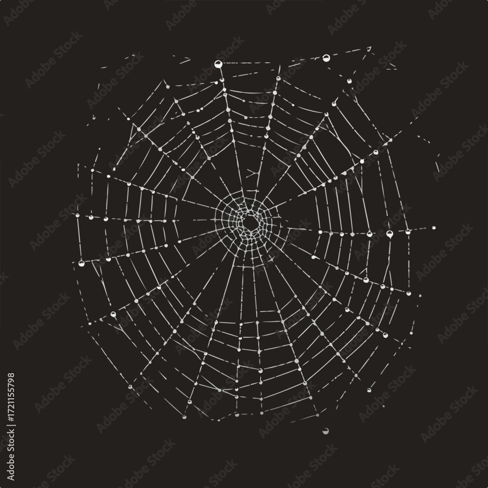 Fototapeta premium Spiderweb against dark backdrop, with water droplets on strands