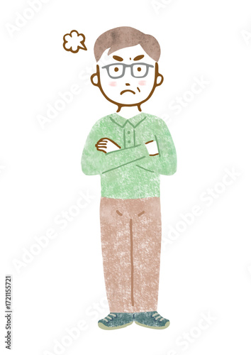 怒った表情とポーズのシニア男性の手描きイラスト（全身）