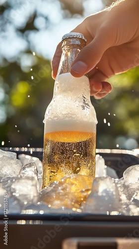 Hand reaching for refreshing bottled beer in a cooler filled with ice, set against a vibrant outdoor background.
