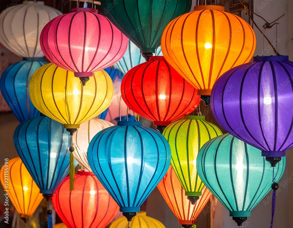 Obraz premium Colorful lanterns hanging in a shop