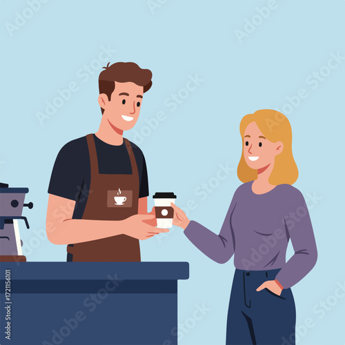 Man hands coffee to a smiling blonde woman. Barista at cafe, light blue background