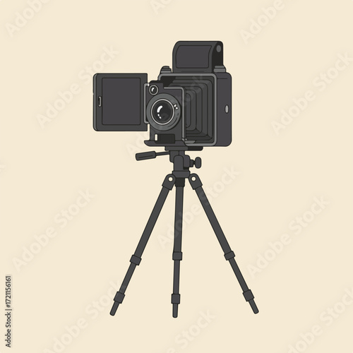 Illustrative old-fashioned camera with screen, mounted on a black tripod