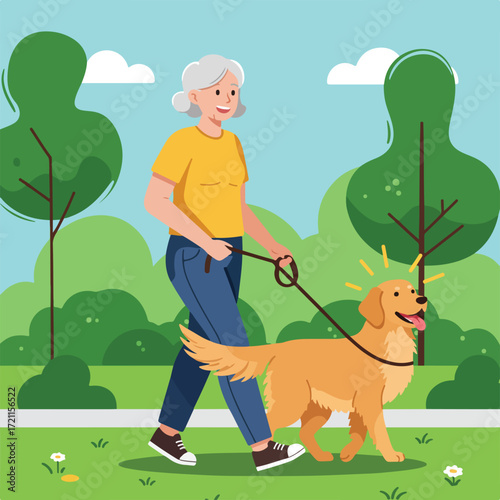 Woman walking a Golden Retriever dog in park, sunny day