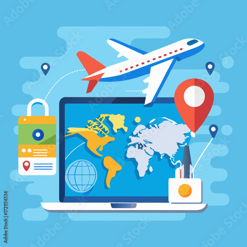 Digital travel planning and booking with airplane and world map on laptop