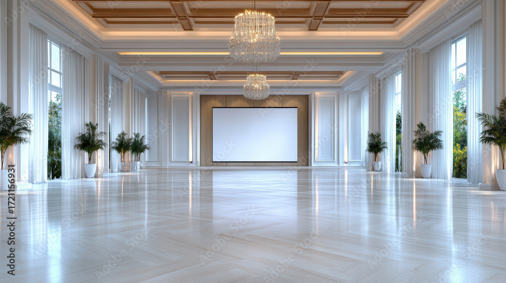 Fototapeta premium Spacious ballroom with elegant chandeliers and large screen, perfect for events and gatherings