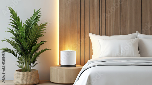 Cozy bedroom with plant, bedside lamp, and wooden wall, creating serene atmosphere