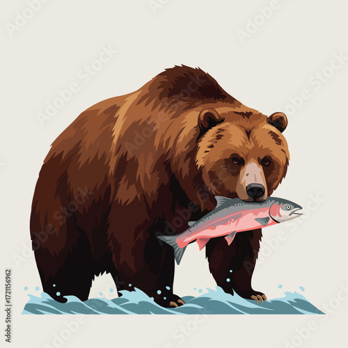 Brown bear stands in water holding a pink fish in its mouth