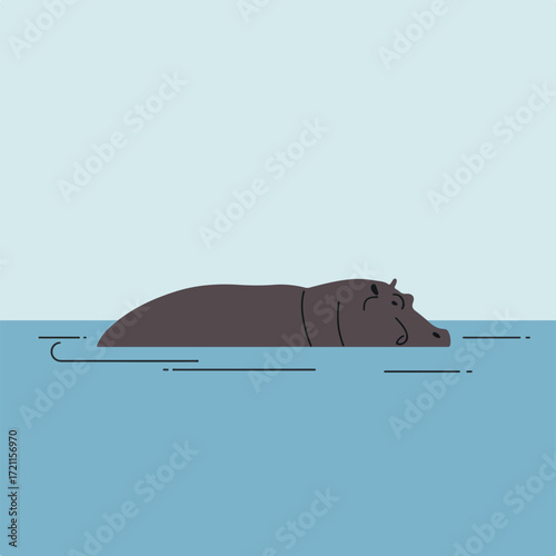 Hippo in water, minimal illustration, blue background