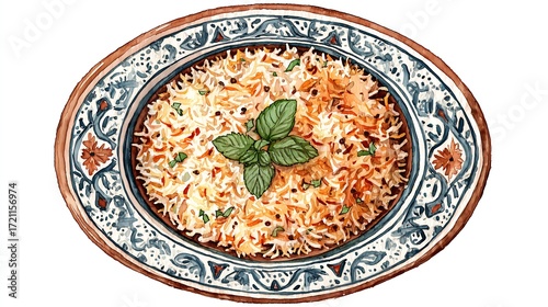 Traditional Indian Chicken Biryani on a Plate - Watercolor Food Art