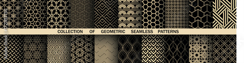 Geometric set of seamless black and golden patterns. Simple vector graphics
