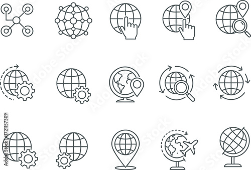 Global icon set, internet symbol, location pin, map marker, connectivity vector, gear globe, travel icon, search globe, UI graphic, international design