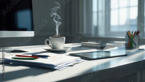 A sunlit office desk with coffee, documents, and a computer