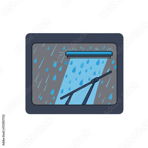 View of car window with wipers wiping rain off a gray background