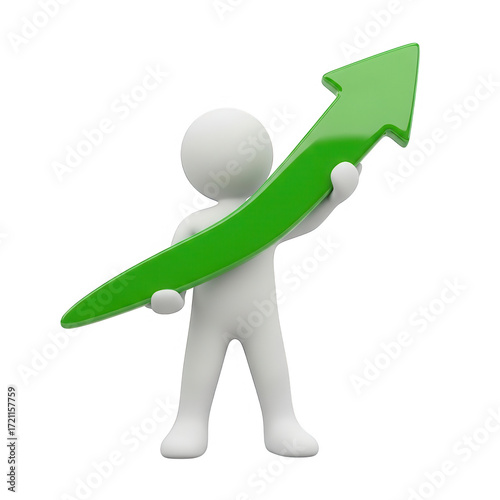3d stick figure holding green arrow on transparent background