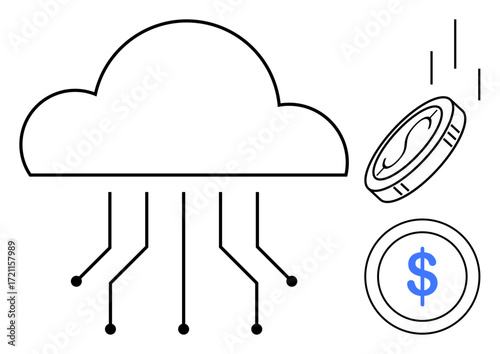 Cloud with connected data lines and falling coins represents financial transactions, innovation, and tech economy. Ideal for fintech, blockchain, e-commerce, banking, connectivity, big data simple