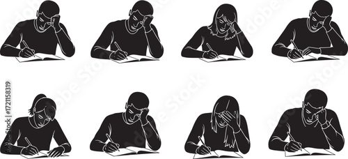 WebStudents writing at desks, exam posture variations, academic concentration, classroom test environment, education concept, study habits, school assessment illustration
