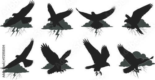 Flying bird silhouettes, storm cloud lightning, dramatic raven eagle poses, black vector birds, thunder flight design, gothic wildlife illustration set