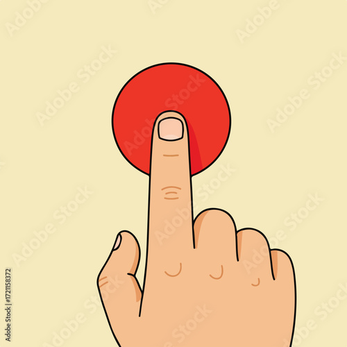 Cartoon hand pressing a red button, set on pale yellow background