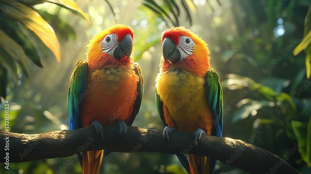 Obraz premium Colorful macaws displaying affection tropical rainforest wildlife photography lush environment close-up view nature's beauty