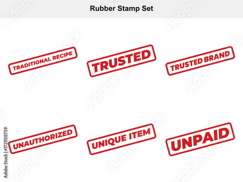 Collection of Six Rubber Stamps with Red Text on a White Background