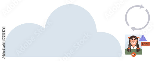 Cloud with recycling arrows, AI interaction, and deepfake warning on female face alert. Ideal for technology, cybersecurity, AI ethics, data protection, misinformation, cloud automation simple flat
