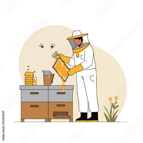 Beekeeper extracting honey from frame near hive, bees flying around