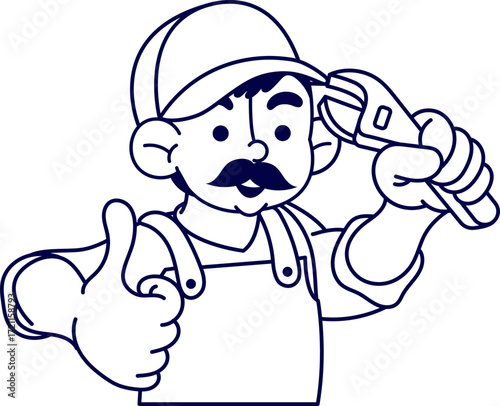 Cartoon plumber giving a thumbs up holding a wrench on a black background