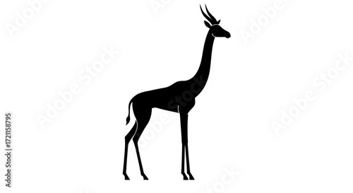 Elegant silhouette of a tall giraffe gracefully standing against a clear white canvas