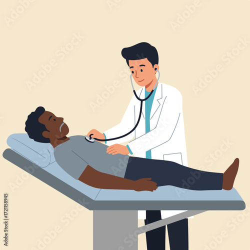 Doctor listens to patient's chest with stethoscope while patient lies on table