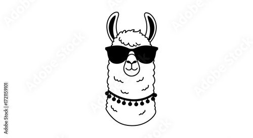 Cool llama wearing sunglasses and necklace fun animal portrait sketch stylized