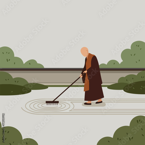 Zen monk raking sand in a stylized, minimalist Zen garden landscape